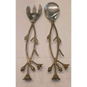 Vintage Brass Twig Salad Servers Set Stainless Steel Floral Flower Branch